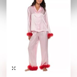 Pink Satin Heart Pajama Set with Red Feather Cuffs